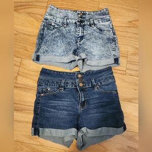 YMI Women's Double-Button Jean Shorts - Light & Dark Blue Wash